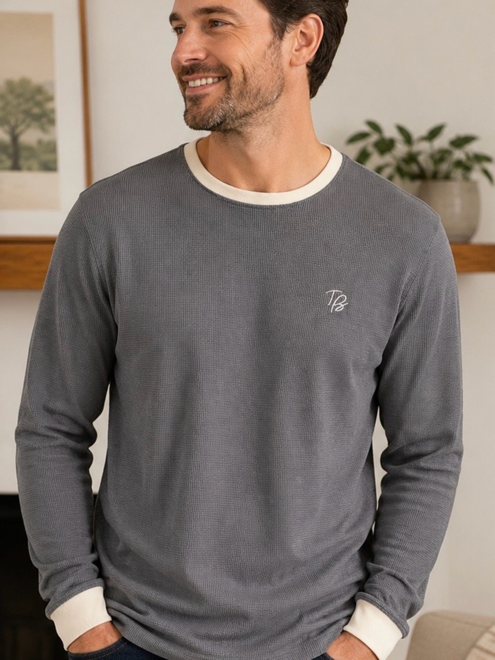 Ted Baker London Men’s L Gray Waffle Knit Thermal Long Sleeve Shirt